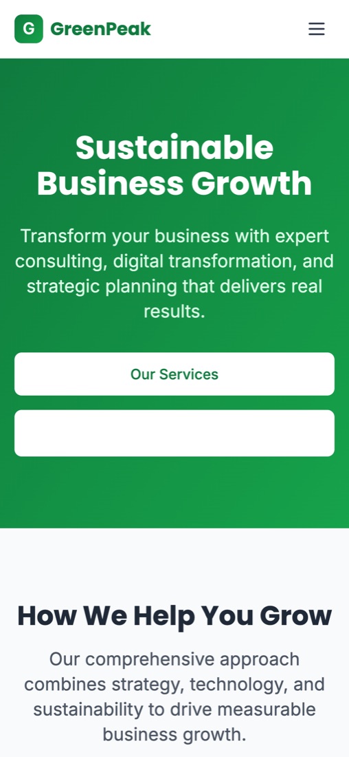 GreenPeak home page on mobile
