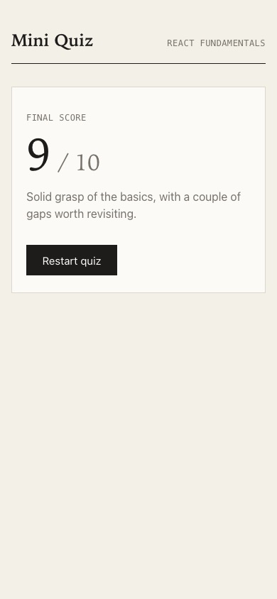 Mini Quiz final score on mobile